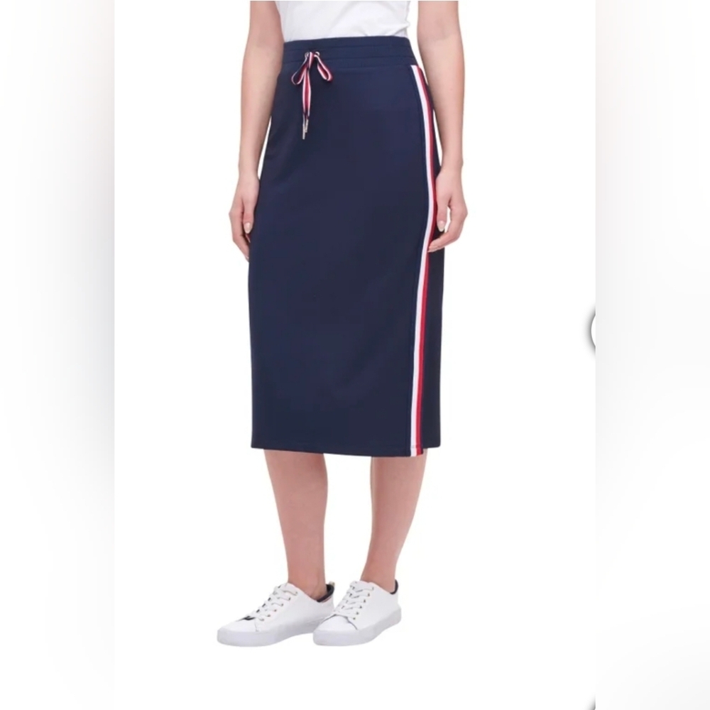 Tommy Hilfiger Navy Midi Skirt with Red & White Stripe